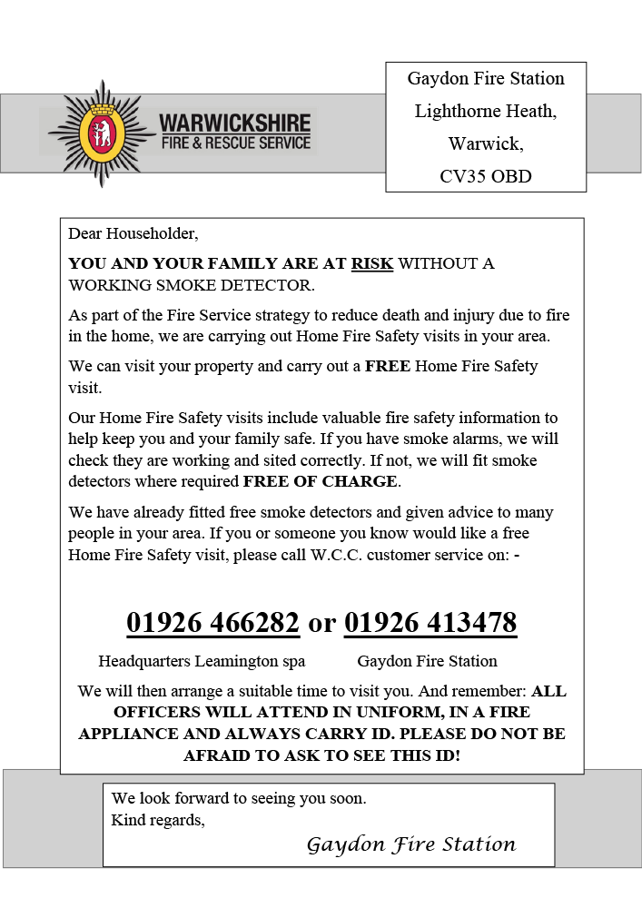 Warwickshire Fire & Rescue Service - Safe and well letter